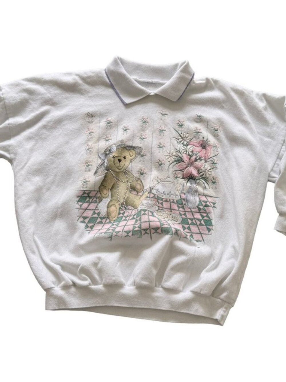Vintage White Teddy Bear Tea Party Graphic Sweatshirt Polo Collar Women Large